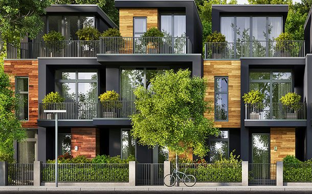 Schönes Holz Stadthaus im modernen Stil und mit Bäume umgeben